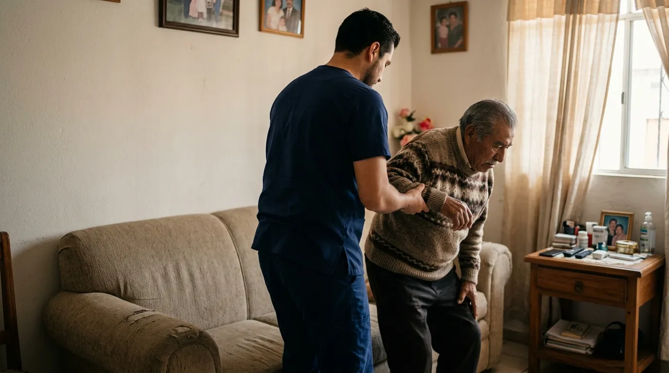 Fisioterapeuta ayudando a un adulto mayor a levantarse del sillón en su casa
