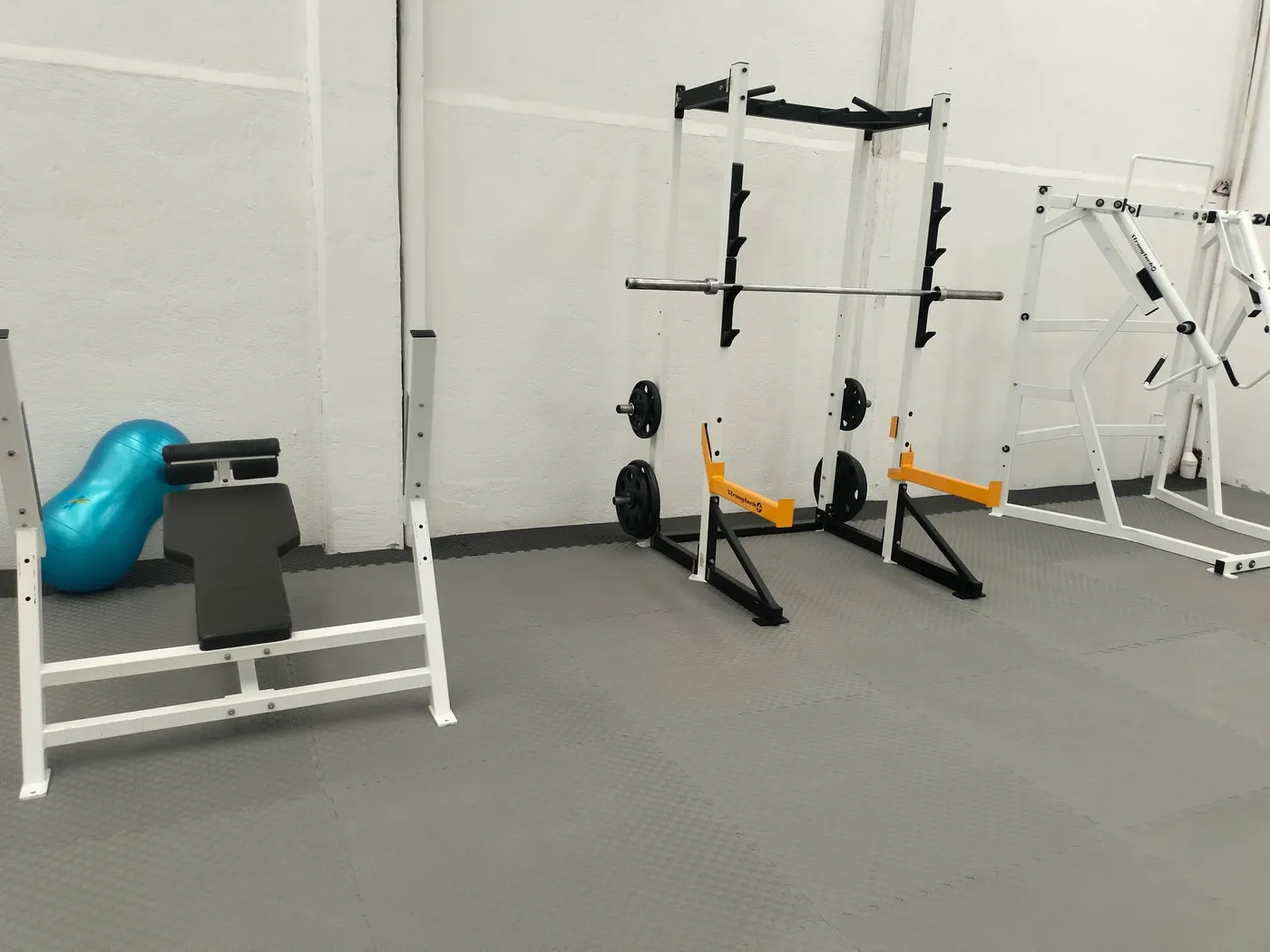 Área de ejercicio terapéutico del consultorio con rack y discos