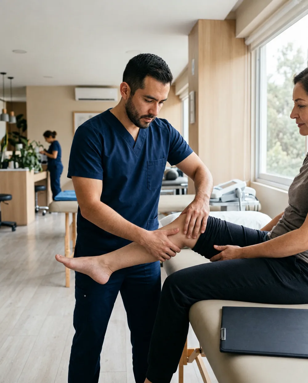 Fisioterapeuta explorando la rodilla de una paciente durante la valoración